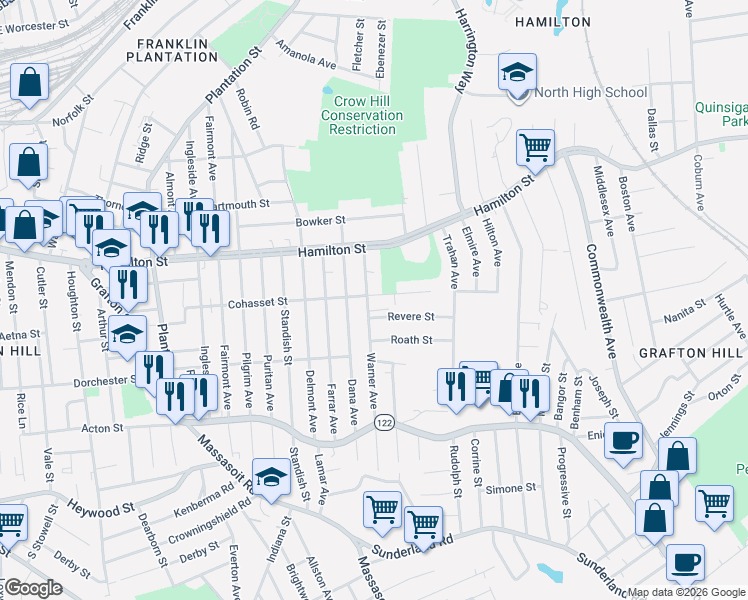 map of restaurants, bars, coffee shops, grocery stores, and more near 173 Cohasset Street in Worcester