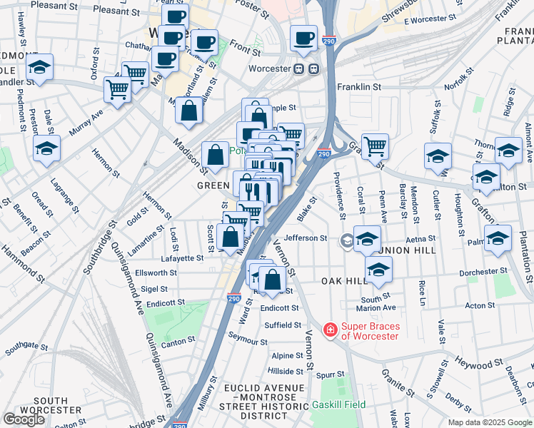 map of restaurants, bars, coffee shops, grocery stores, and more near 1 Kelley Square in Worcester