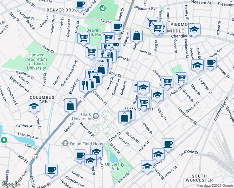 map of restaurants, bars, coffee shops, grocery stores, and more near 21 Florence Street in Worcester