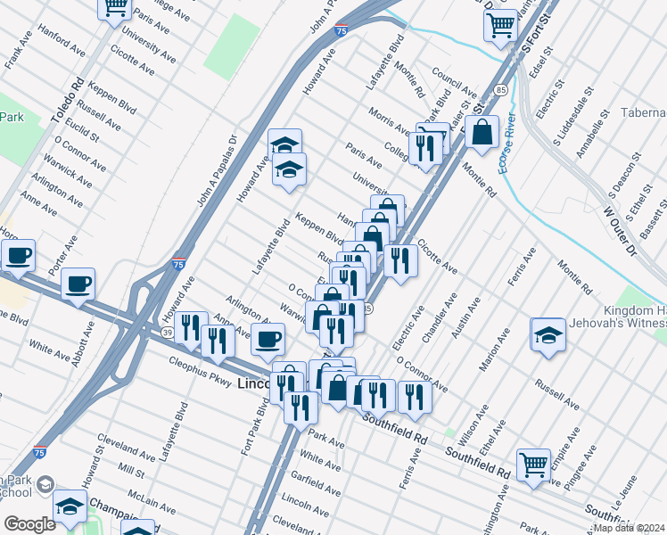 map of restaurants, bars, coffee shops, grocery stores, and more near 1506 Fort Park Boulevard in Lincoln Park