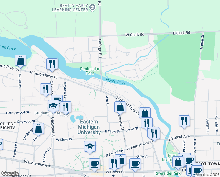 map of restaurants, bars, coffee shops, grocery stores, and more near 950 Leforge Road in Ypsilanti