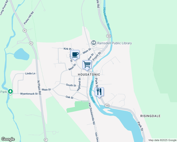 map of restaurants, bars, coffee shops, grocery stores, and more near Park Street & Front Street in Great Barrington