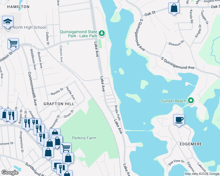 map of restaurants, bars, coffee shops, grocery stores, and more near 320 Bridle Path in Worcester