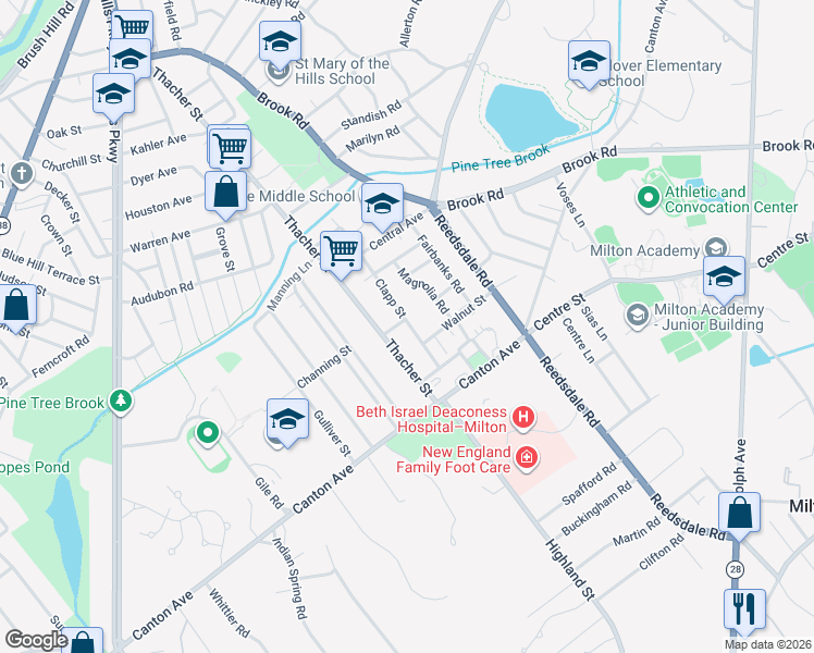 map of restaurants, bars, coffee shops, grocery stores, and more near 137 Clapp Street in Milton