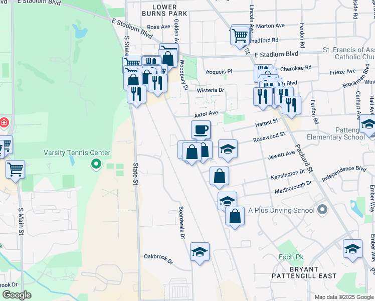 map of restaurants, bars, coffee shops, grocery stores, and more near 2200 South Industrial Highway in Ann Arbor
