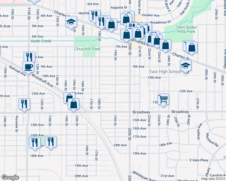 map of restaurants, bars, coffee shops, grocery stores, and more near 1212 19th Street in Rockford
