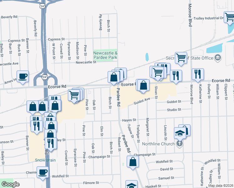 map of restaurants, bars, coffee shops, grocery stores, and more near in Taylor