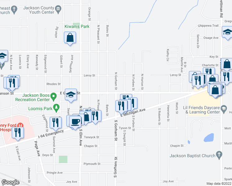 map of restaurants, bars, coffee shops, grocery stores, and more near North Gorham Street in Jackson