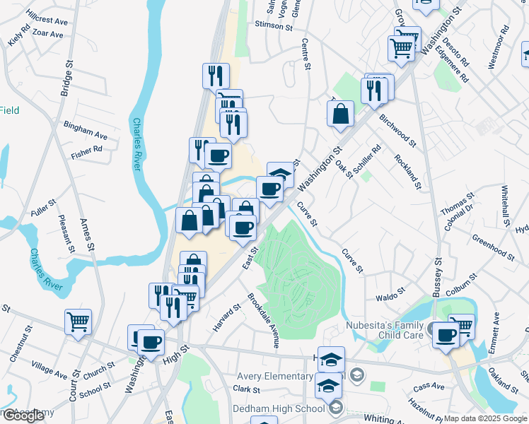 map of restaurants, bars, coffee shops, grocery stores, and more near 27 Eastbrook Road in Dedham