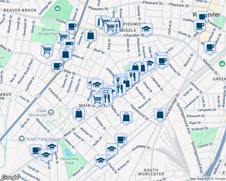 map of restaurants, bars, coffee shops, grocery stores, and more near 9 May Street in Worcester