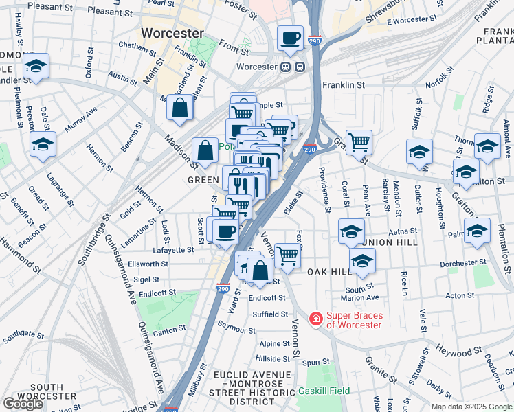 map of restaurants, bars, coffee shops, grocery stores, and more near 1 Kelley Square in Worcester