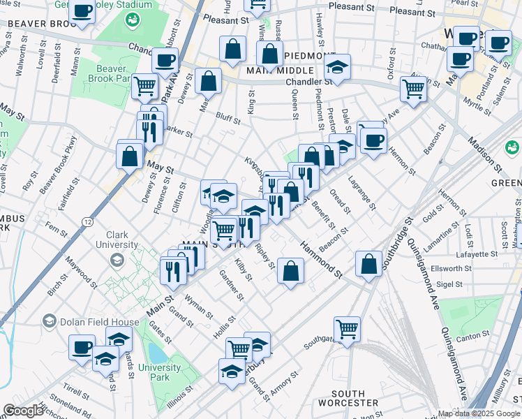 map of restaurants, bars, coffee shops, grocery stores, and more near 1 May Street in Worcester
