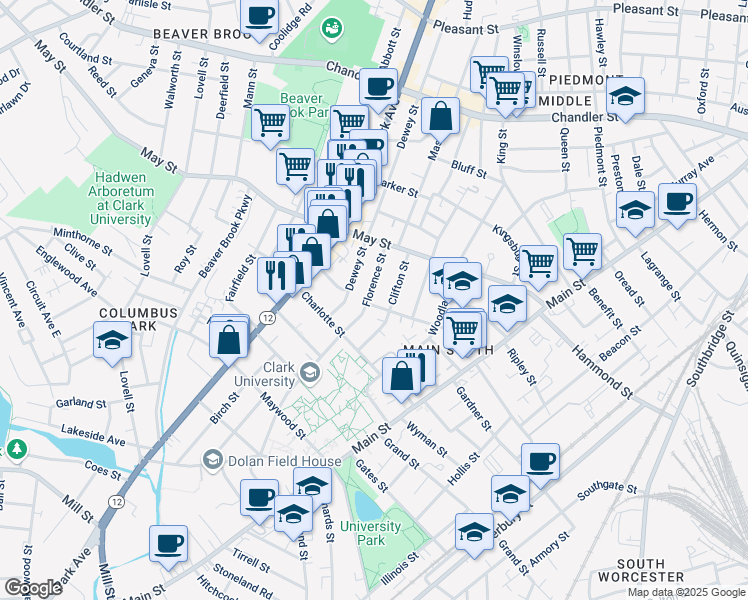 map of restaurants, bars, coffee shops, grocery stores, and more near 21 Florence Street in Worcester