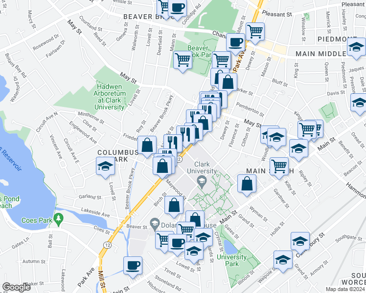 map of restaurants, bars, coffee shops, grocery stores, and more near 458 Park Avenue in Worcester