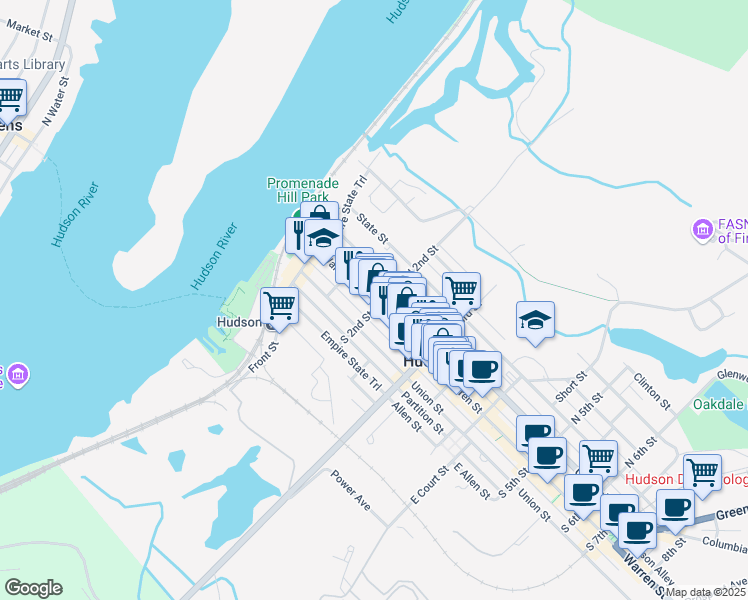 map of restaurants, bars, coffee shops, grocery stores, and more near 121 Warren Street in Hudson