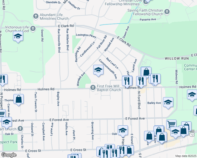 map of restaurants, bars, coffee shops, grocery stores, and more near 1255 Holmes Road in Ypsilanti