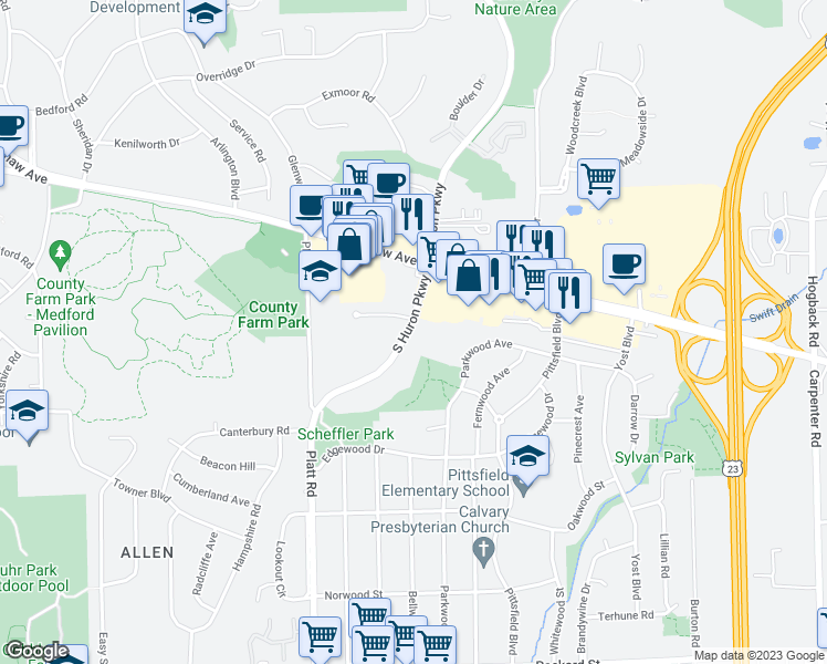 map of restaurants, bars, coffee shops, grocery stores, and more near 3139 Professional Drive in Ann Arbor