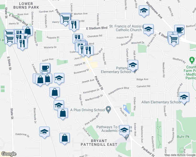 map of restaurants, bars, coffee shops, grocery stores, and more near 2229 Packard Street in Ann Arbor