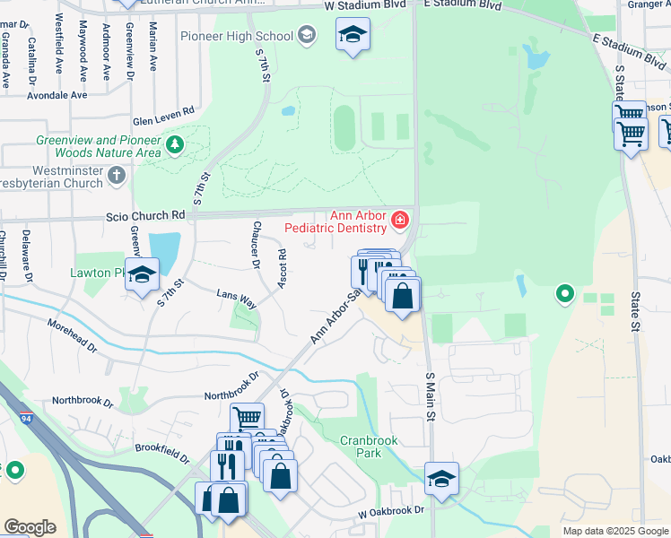 map of restaurants, bars, coffee shops, grocery stores, and more near 2028 Audubon Drive in Ann Arbor