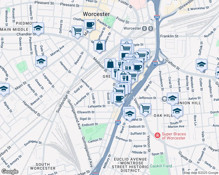 map of restaurants, bars, coffee shops, grocery stores, and more near 149 Washington Street in Worcester