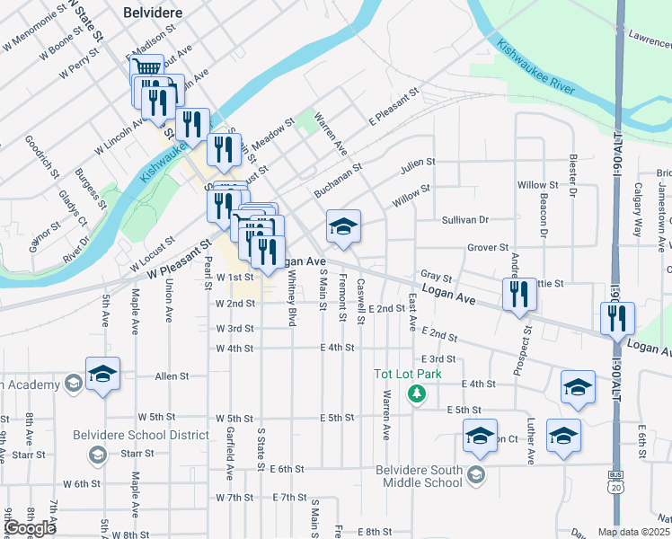 map of restaurants, bars, coffee shops, grocery stores, and more near 227 Logan Avenue in Belvidere