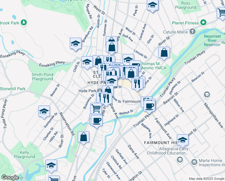 map of restaurants, bars, coffee shops, grocery stores, and more near 1277 River Street in Boston