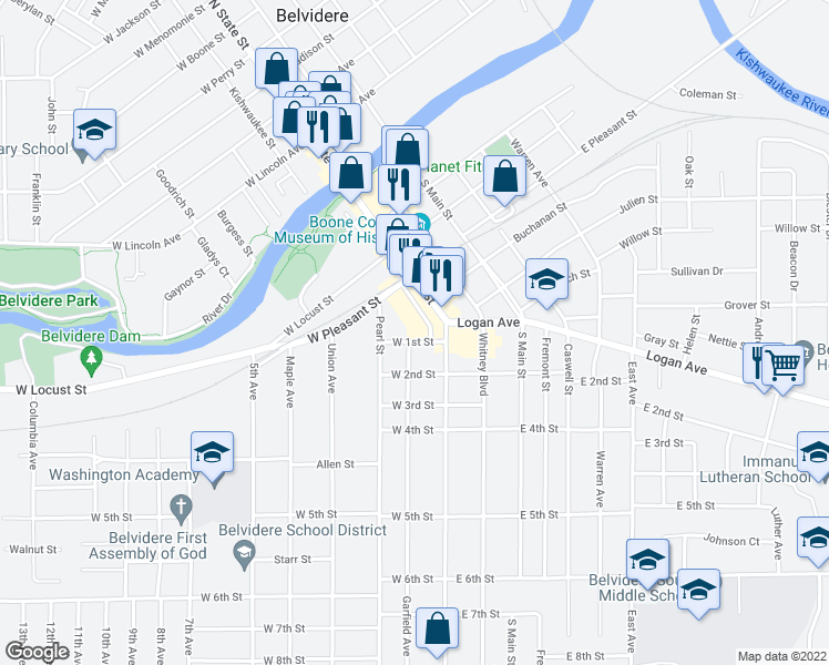 map of restaurants, bars, coffee shops, grocery stores, and more near 111 W 1st St in Belvidere