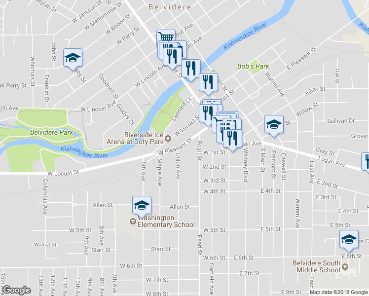 map of restaurants, bars, coffee shops, grocery stores, and more near 314 West Pleasant Street in Belvidere