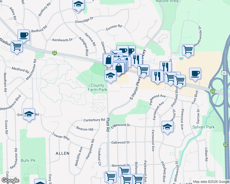 map of restaurants, bars, coffee shops, grocery stores, and more near 2231 Platt Road in Ann Arbor