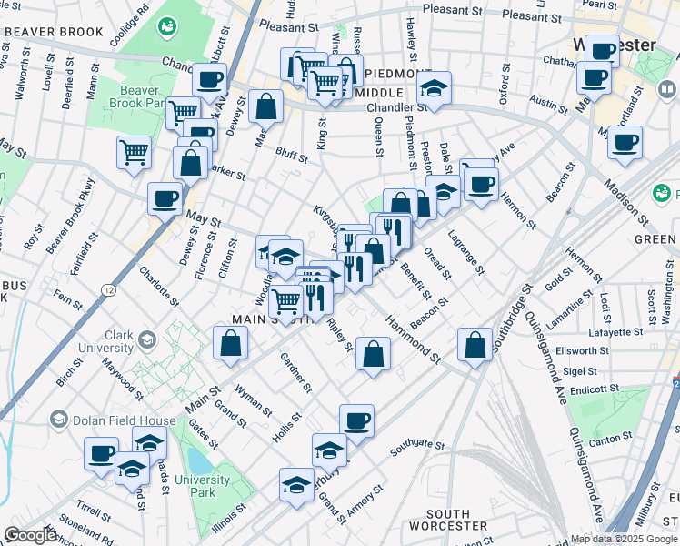 map of restaurants, bars, coffee shops, grocery stores, and more near 1 May Street in Worcester