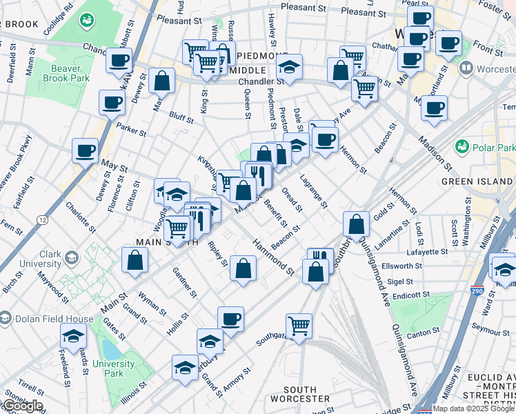 map of restaurants, bars, coffee shops, grocery stores, and more near 3 Benefit Street in Worcester