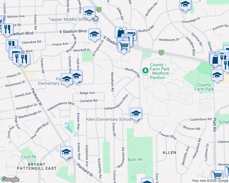 map of restaurants, bars, coffee shops, grocery stores, and more near 2229 Needham Road in Ann Arbor