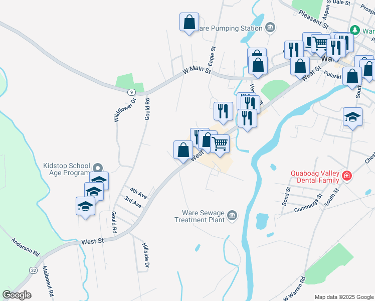map of restaurants, bars, coffee shops, grocery stores, and more near 171 West Street in Ware