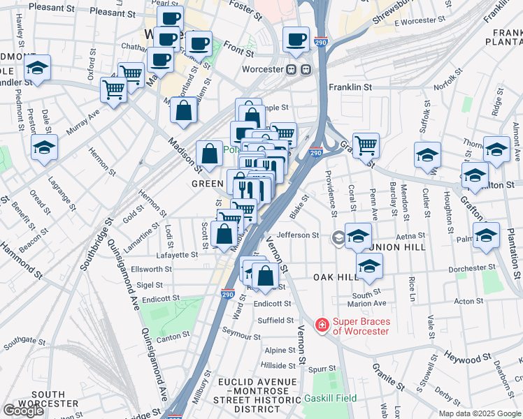 map of restaurants, bars, coffee shops, grocery stores, and more near 1 Kelley Square in Worcester