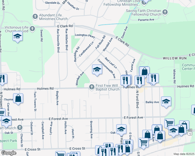 map of restaurants, bars, coffee shops, grocery stores, and more near 1255 Holmes Road in Ypsilanti