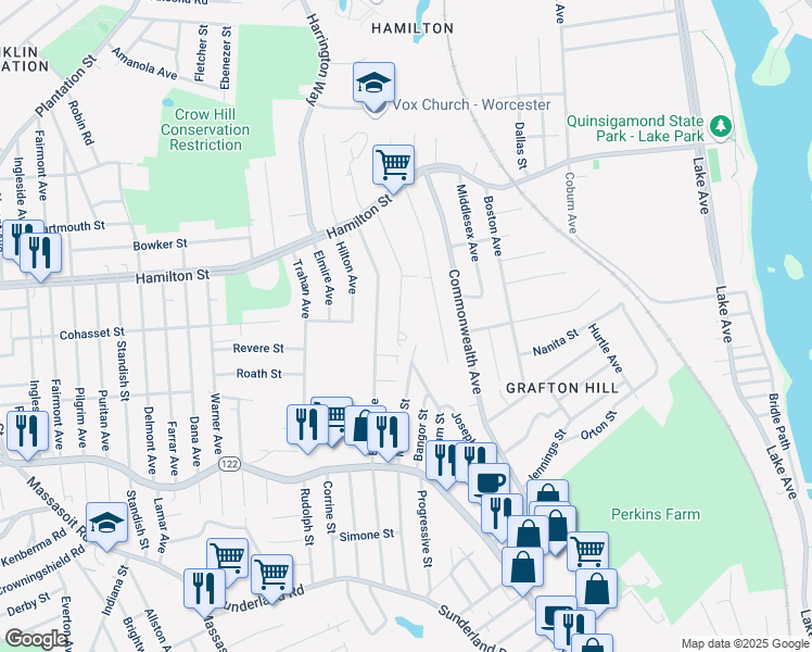 map of restaurants, bars, coffee shops, grocery stores, and more near 60 Anderson Avenue in Worcester