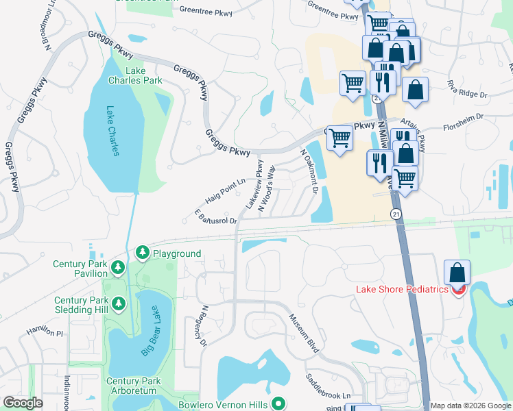 map of restaurants, bars, coffee shops, grocery stores, and more near 1660 North Wood's Way in Vernon Hills
