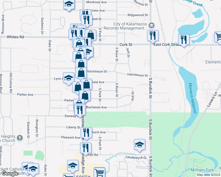 map of restaurants, bars, coffee shops, grocery stores, and more near 224 Pierce Avenue in Kalamazoo