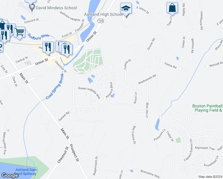 map of restaurants, bars, coffee shops, grocery stores, and more near 229 America Boulevard in Ashland