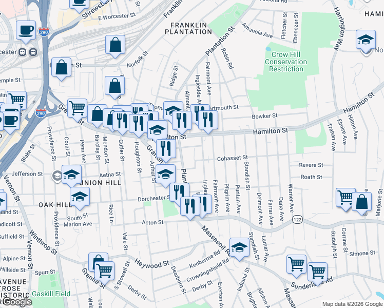 map of restaurants, bars, coffee shops, grocery stores, and more near 39 Caroline Street in Worcester