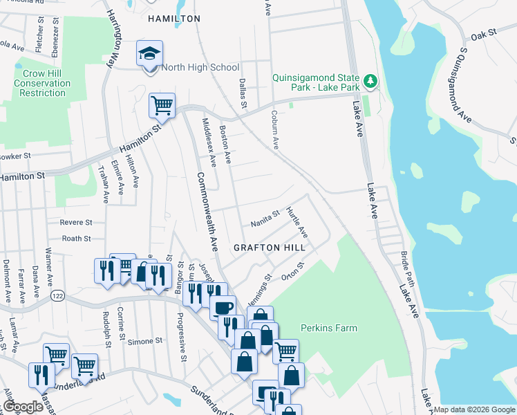map of restaurants, bars, coffee shops, grocery stores, and more near 28 Modoc Street in Worcester