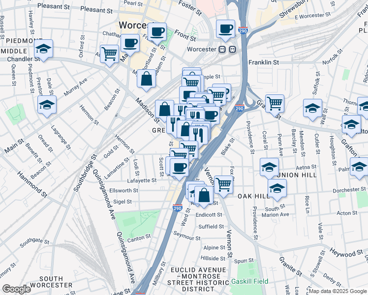 map of restaurants, bars, coffee shops, grocery stores, and more near 185 Madison Street in Worcester
