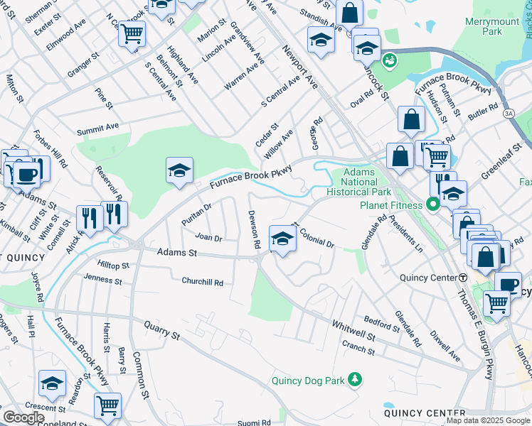 map of restaurants, bars, coffee shops, grocery stores, and more near 41 Adams Cir in Quincy