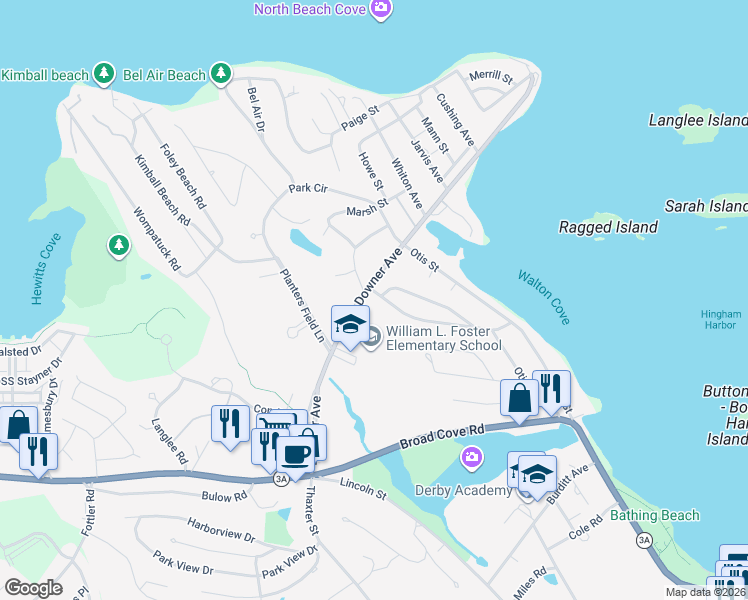 map of restaurants, bars, coffee shops, grocery stores, and more near 66 Governor Long Road in Hingham