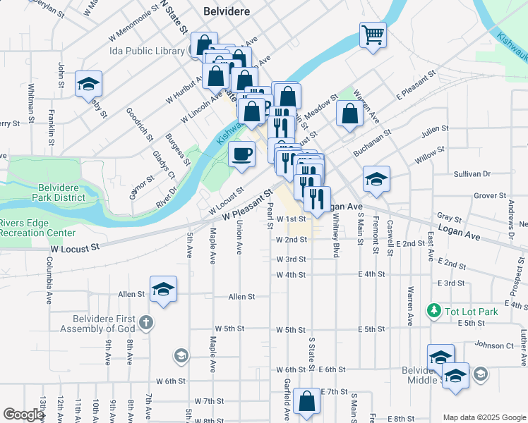map of restaurants, bars, coffee shops, grocery stores, and more near 527 Pearl Street in Belvidere