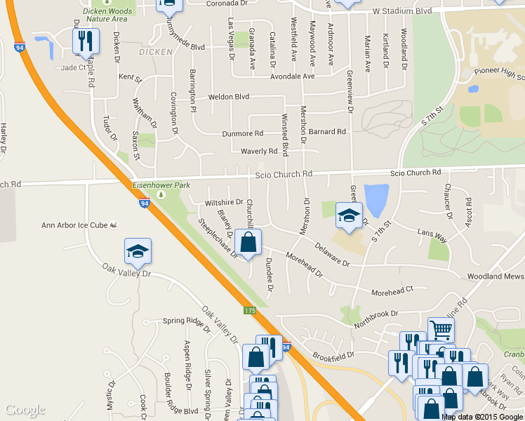 map of restaurants, bars, coffee shops, grocery stores, and more near 2070 Delaware Drive in Ann Arbor