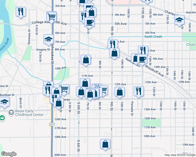 map of restaurants, bars, coffee shops, grocery stores, and more near 1209 8th Street in Rockford