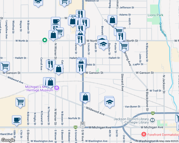 map of restaurants, bars, coffee shops, grocery stores, and more near 704 West Ganson Street in Jackson