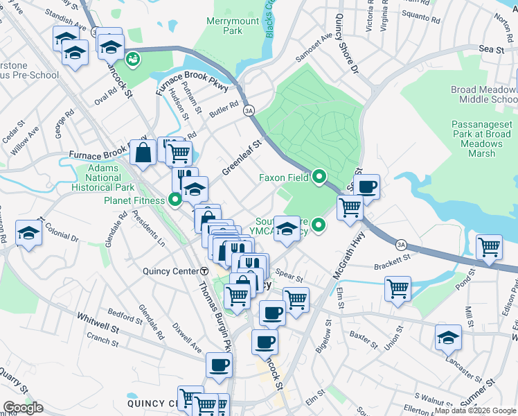 map of restaurants, bars, coffee shops, grocery stores, and more near 10 Edgewood Circle in Quincy