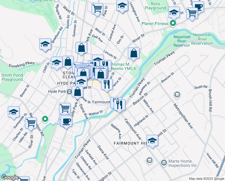 map of restaurants, bars, coffee shops, grocery stores, and more near 11-13 Pierce Street in Boston
